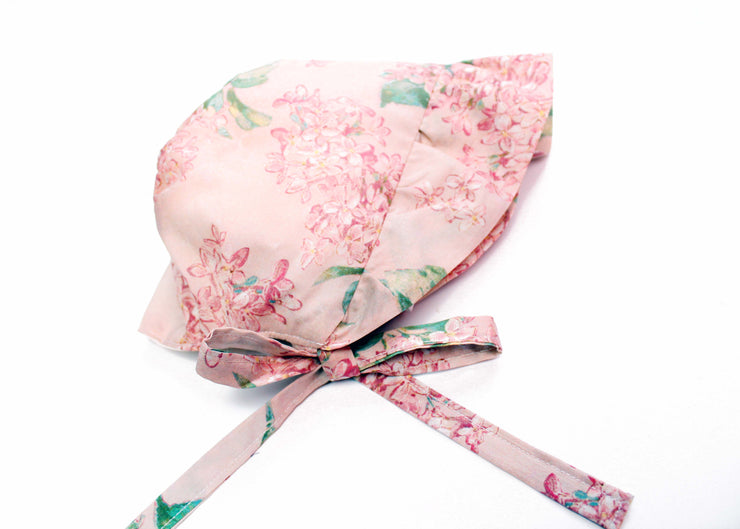 Frill Baby bonnet made using Liberty Print - “Indie Mae”